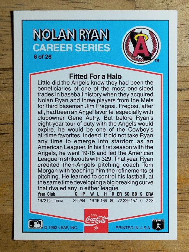 1992 Donruss Coke Ryan #6 Nolan Ryan/1972 CA