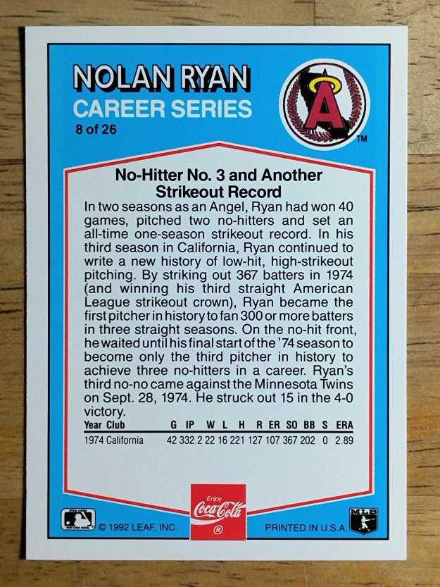 1992 Donruss Coke Ryan #8 Nolan Ryan/1974 CA