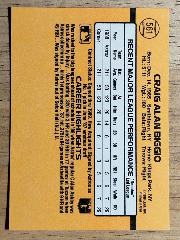 1989 Donruss #561 Craig Biggio DP RC