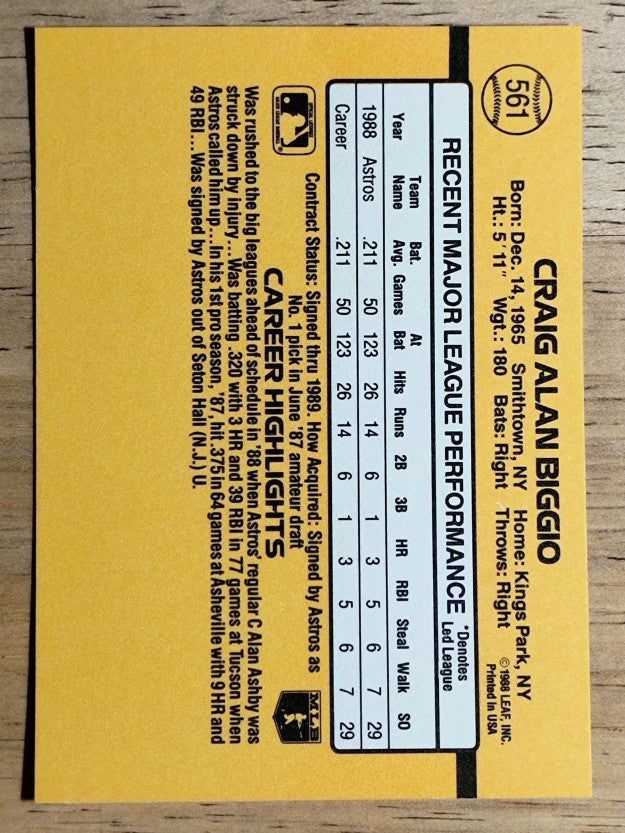 1989 Donruss #561 Craig Biggio DP RC
