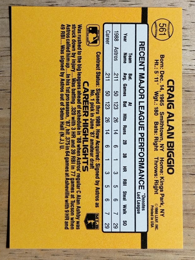 1989 Donruss #561 Craig Biggio DP RC