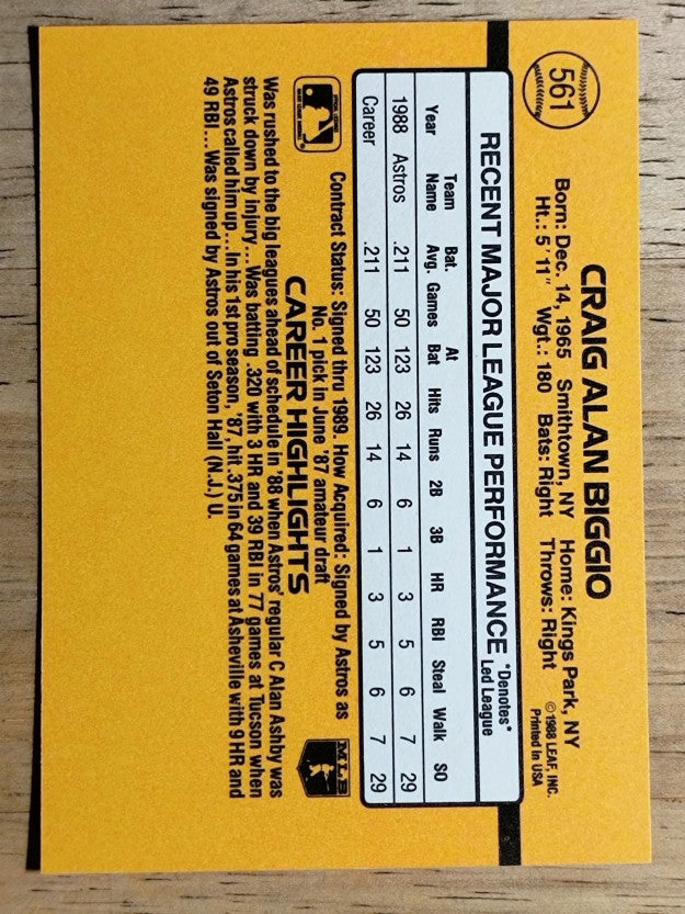 1989 Donruss #561 Craig Biggio DP RC