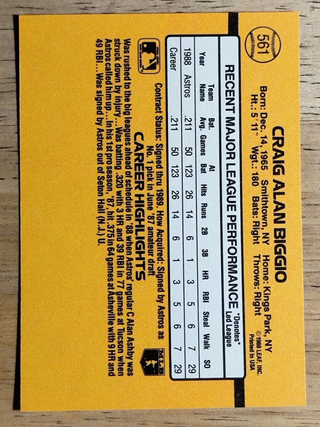 1989 Donruss #561 Craig Biggio DP RC