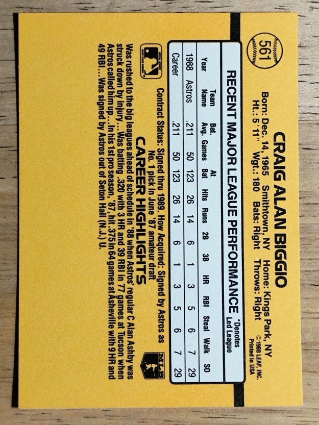 1989 Donruss #561 Craig Biggio DP RC