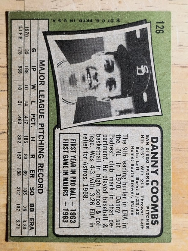 1971 Topps #126 Danny Coombs (VGEX)
