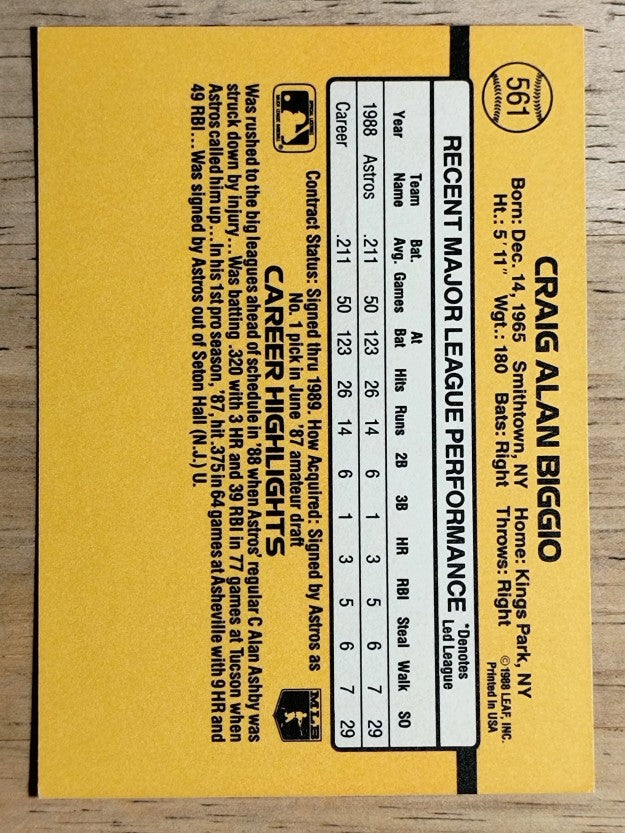 1989 Donruss #561 Craig Biggio DP RC