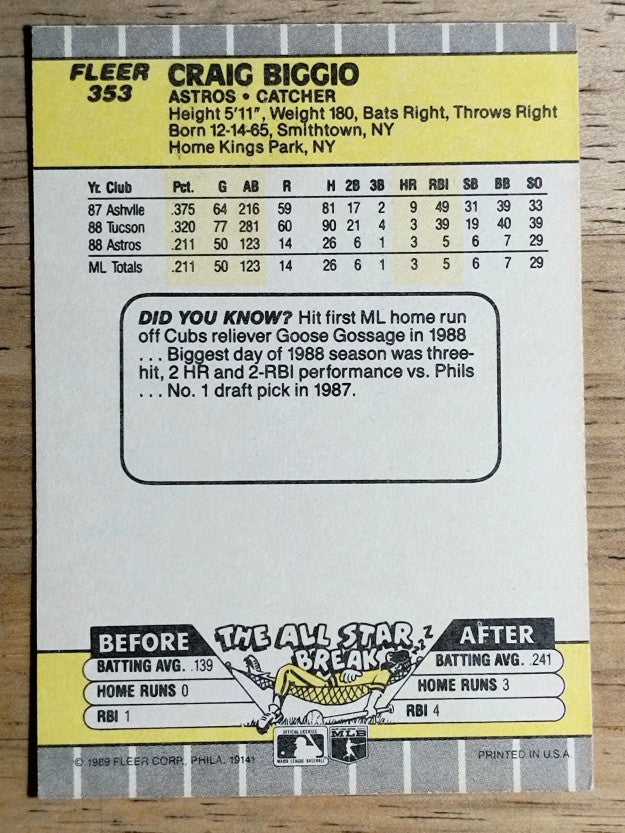 1989 Fleer #353 Craig Biggio RC