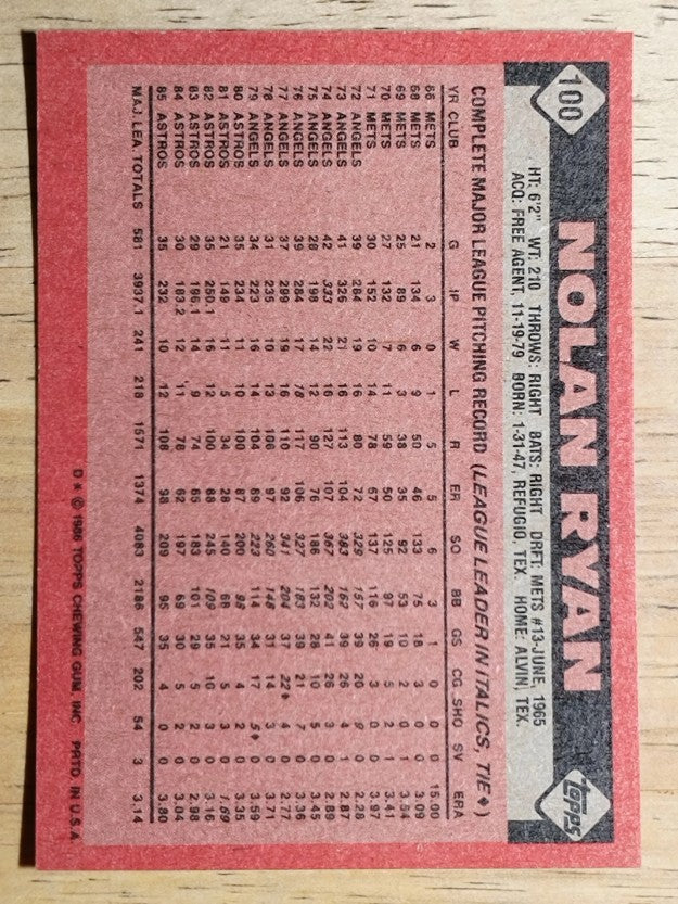 1986 Topps #100 Nolan Ryan