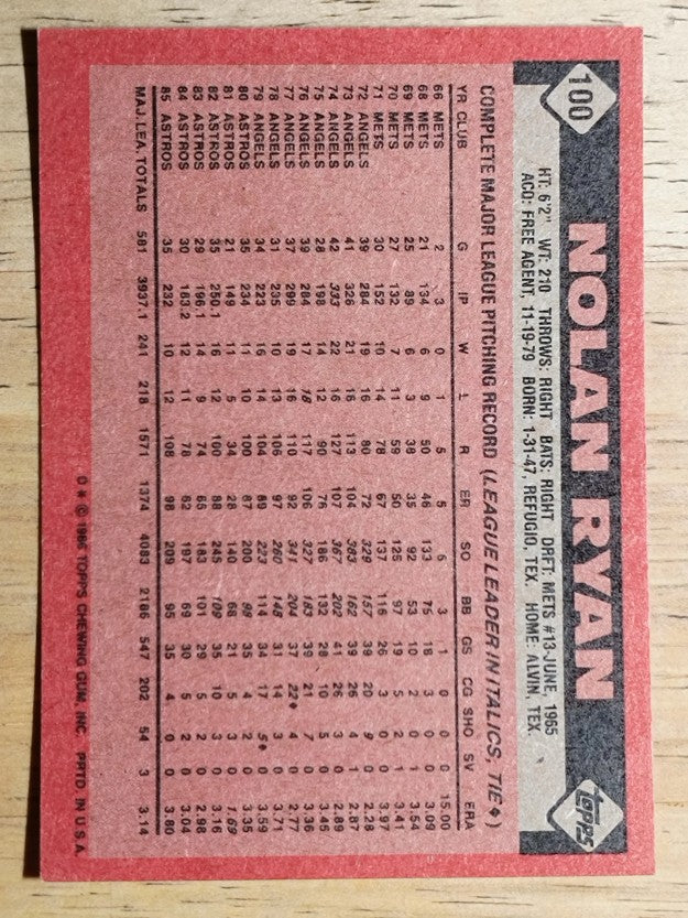 1986 Topps #100 Nolan Ryan