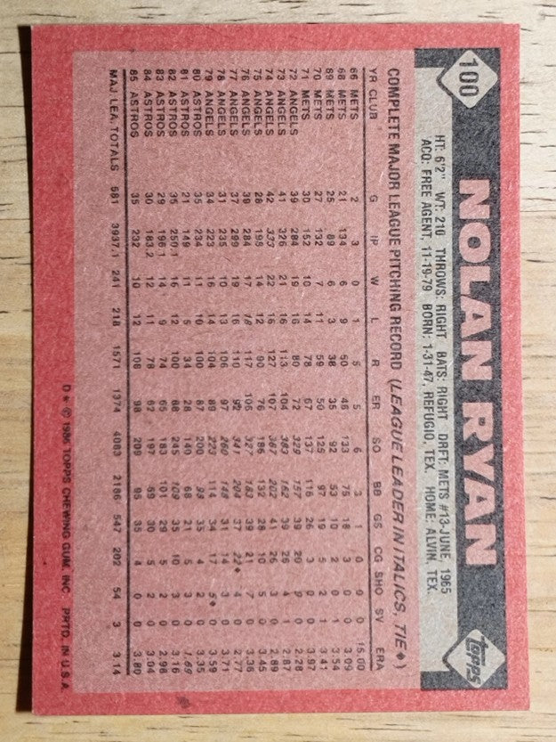 1986 Topps #100 Nolan Ryan