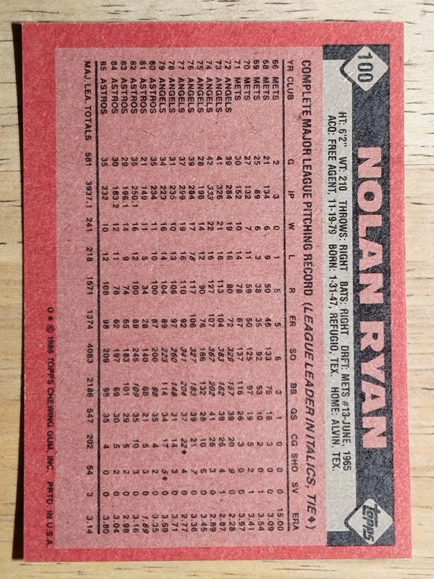 1986 Topps #100 Nolan Ryan