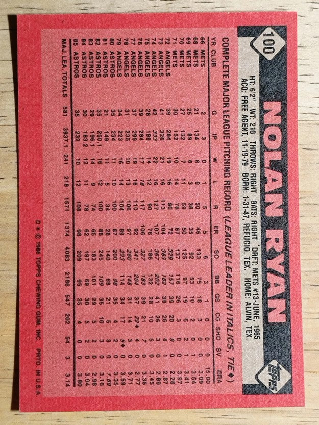 1986 Topps #100 Nolan Ryan