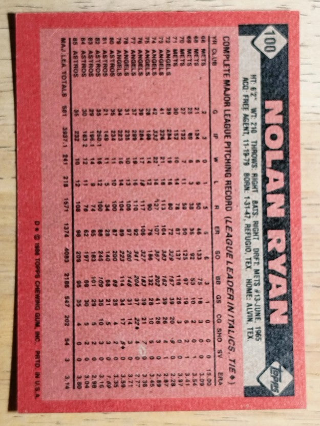 1986 Topps #100 Nolan Ryan