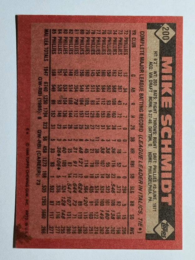 1986 Topps #200 Mike Schmidt