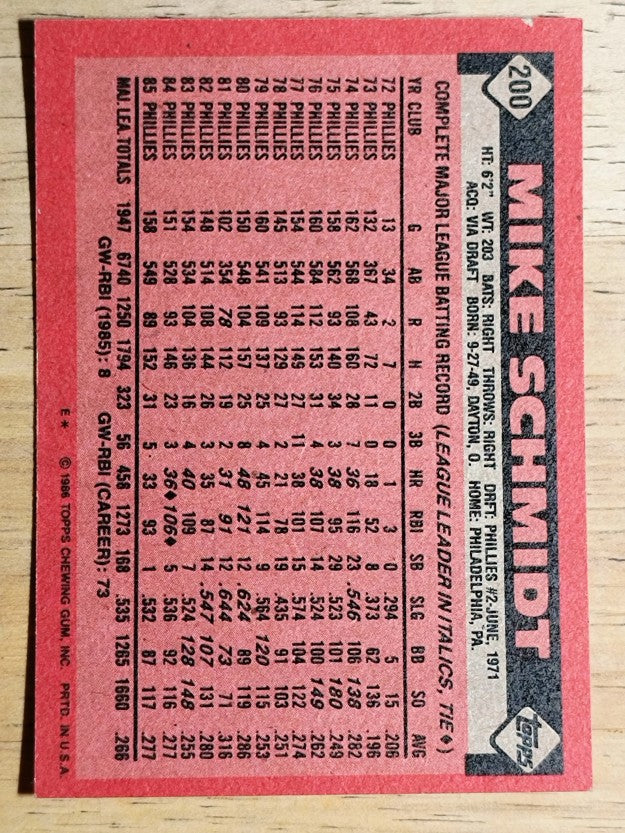 1986 Topps #200 Mike Schmidt