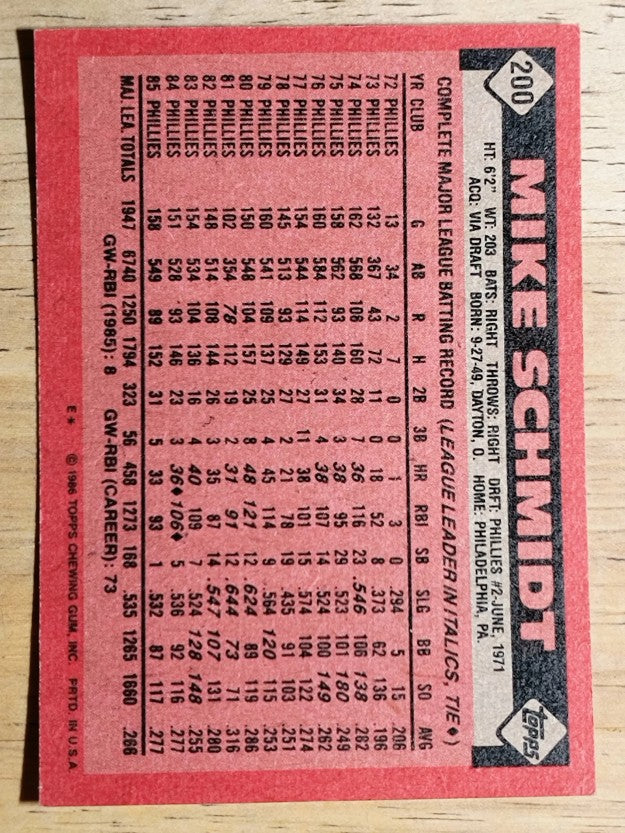 1986 Topps #200 Mike Schmidt