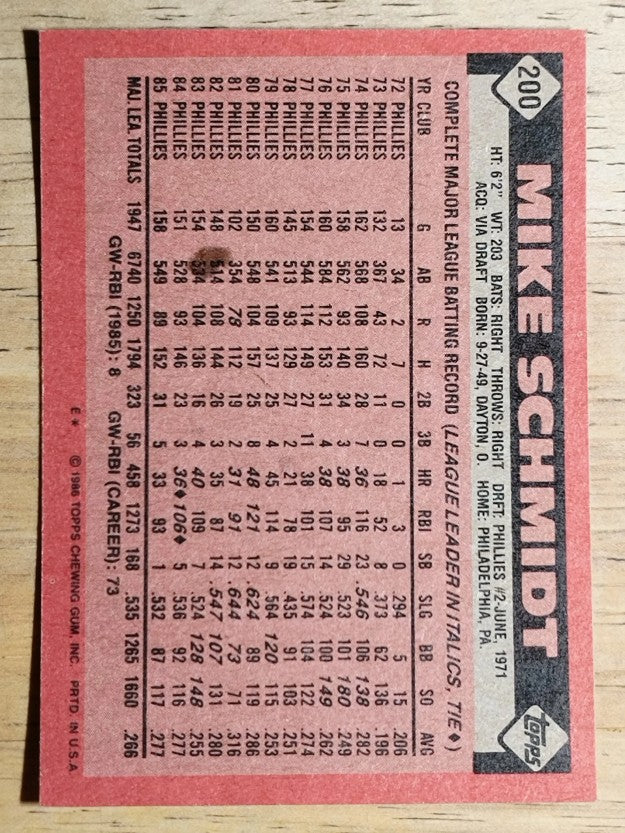 1986 Topps #200 Mike Schmidt