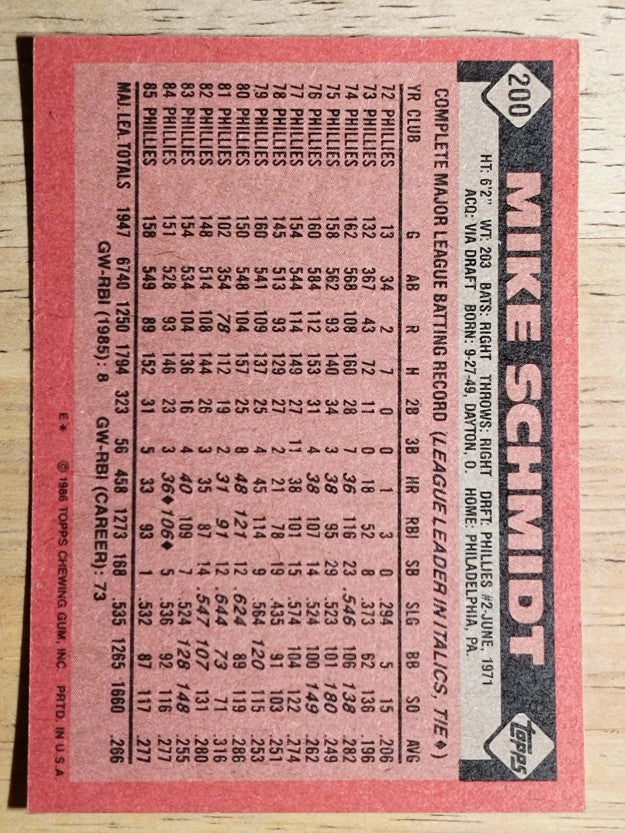 1986 Topps #200 Mike Schmidt