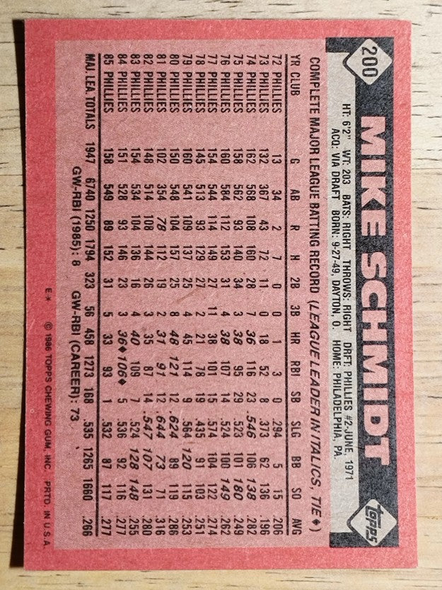 1986 Topps #200 Mike Schmidt