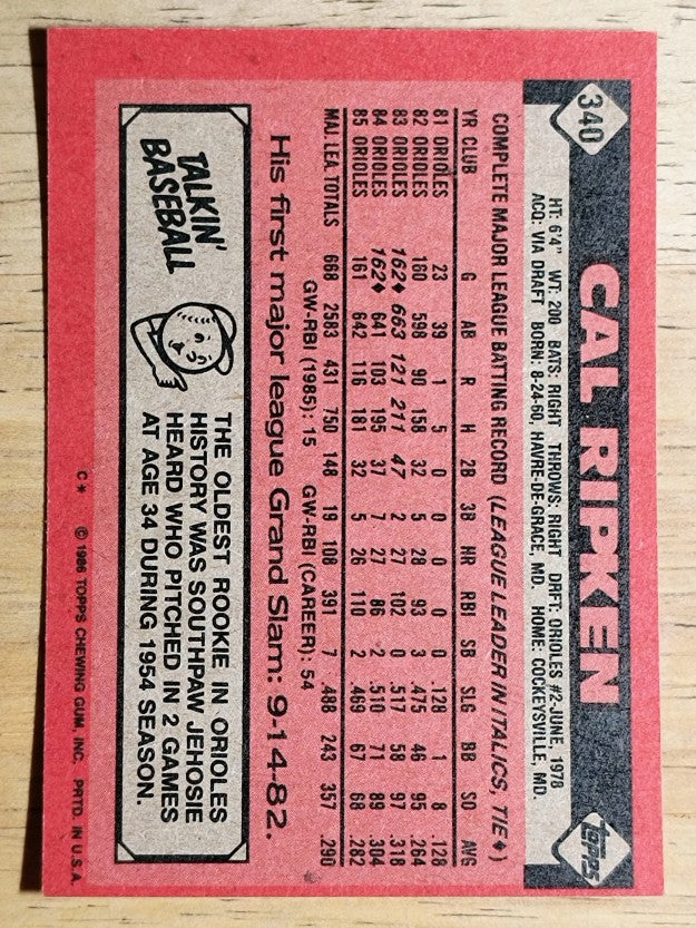 1986 Topps #340 Cal Ripken