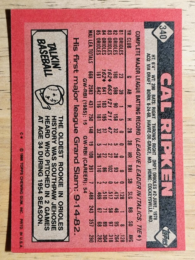 1986 Topps #340 Cal Ripken