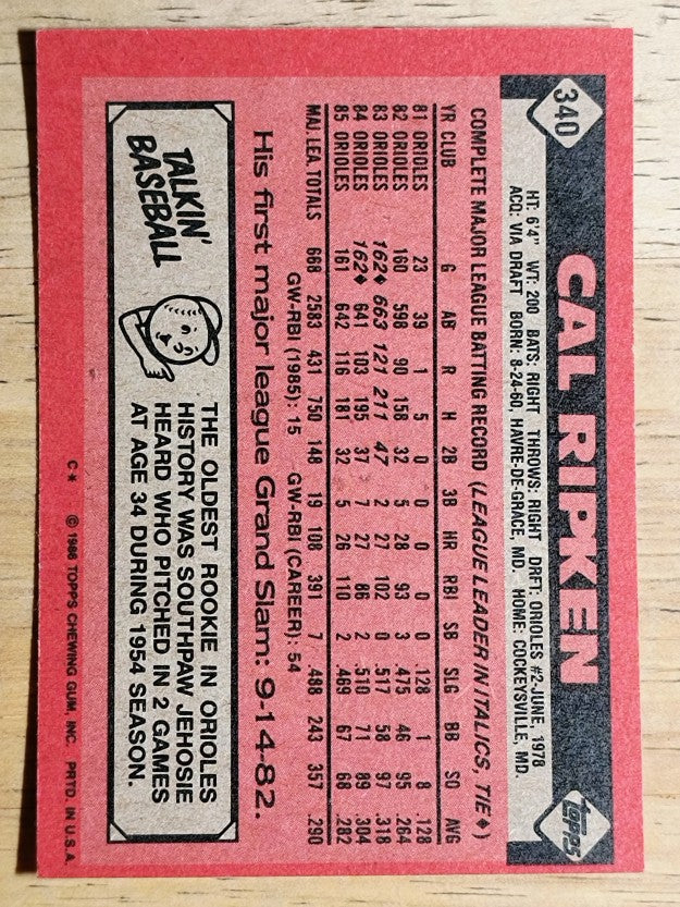 1986 Topps #340 Cal Ripken