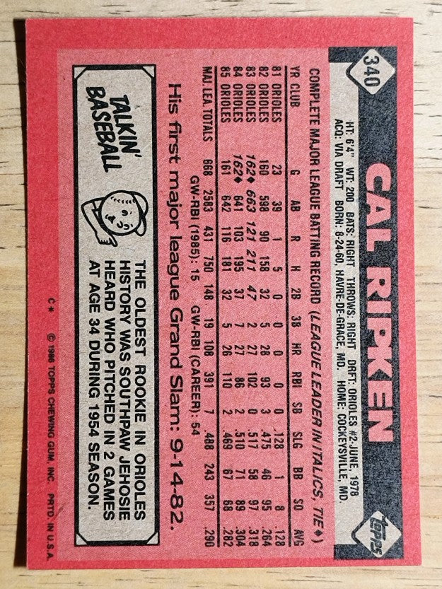 1986 Topps #340 Cal Ripken