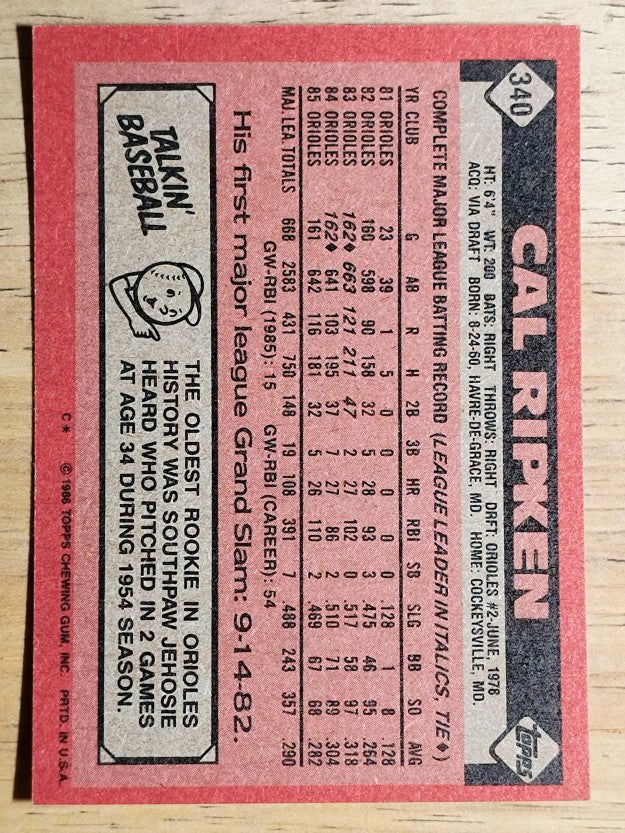 1986 Topps #340 Cal Ripken