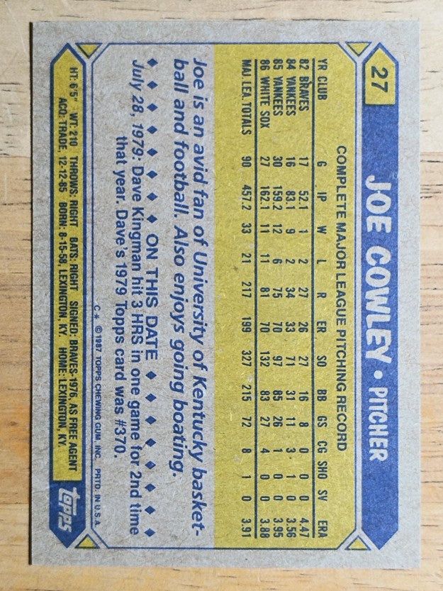 1987 Topps #27 Joe Cowley