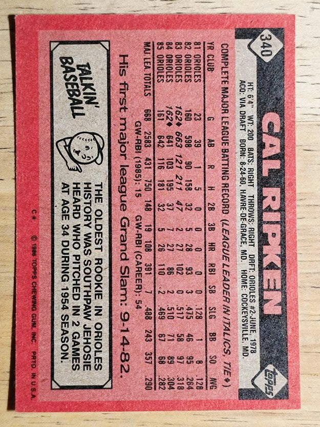1986 Topps #340 Cal Ripken