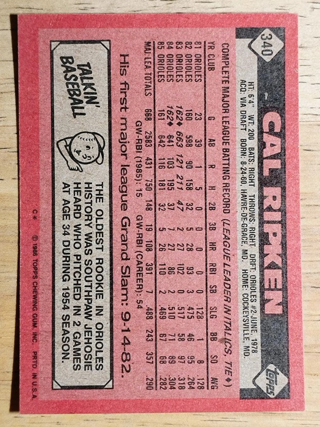1986 Topps #340 Cal Ripken