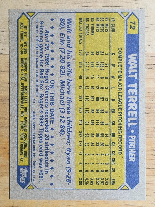 1987 Topps #72 Walt Terrell