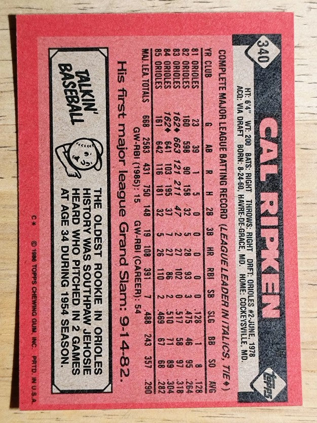 1986 Topps #340 Cal Ripken