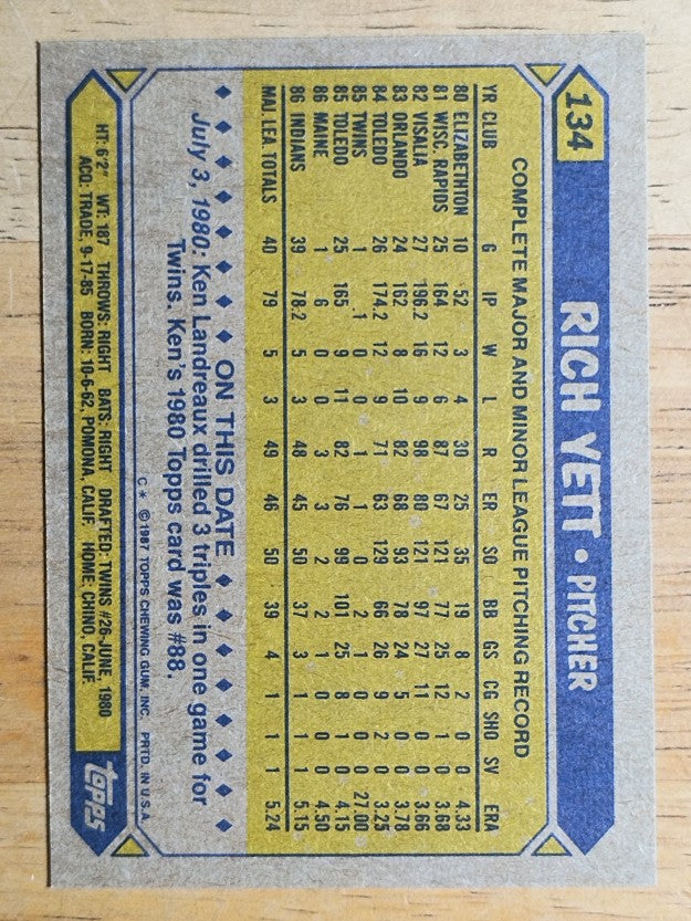 1987 Topps #134 Rich Yett