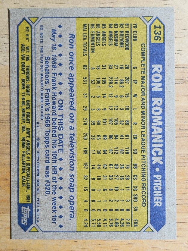 1987 Topps #136 Ron Romanick