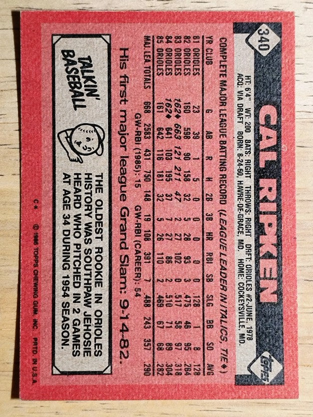 1986 Topps #340 Cal Ripken