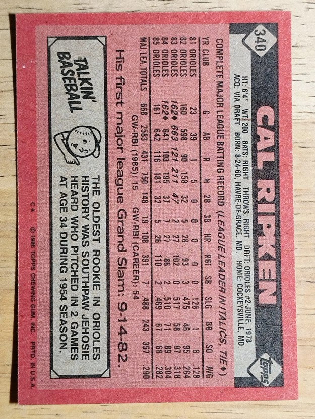 1986 Topps #340 Cal Ripken