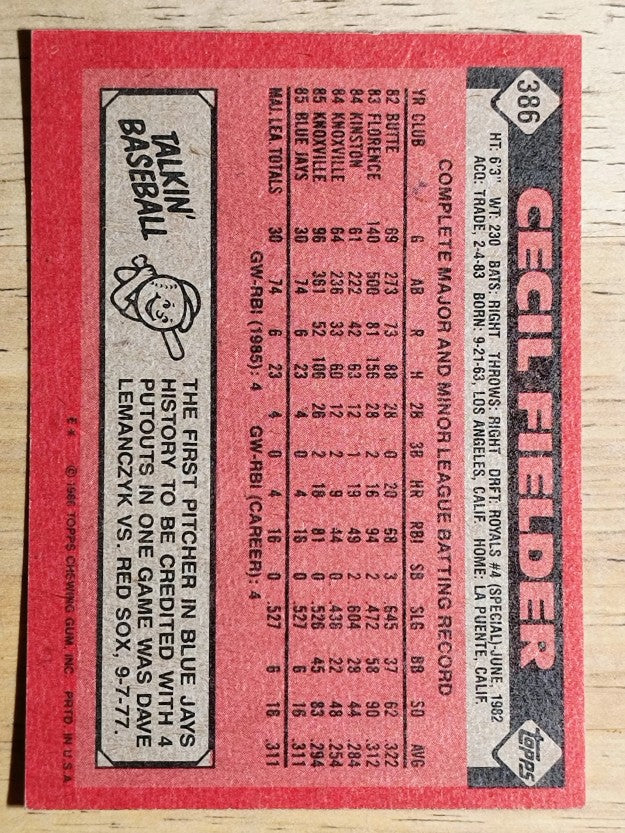1986 Topps #386 Cecil Fielder RC