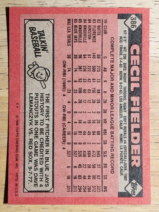 1986 Topps #386 Cecil Fielder RC