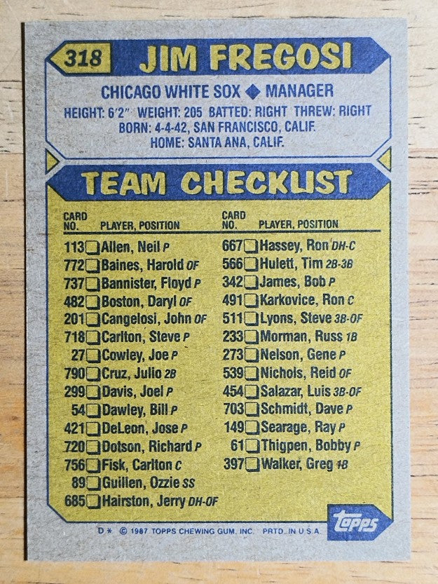 1987 Topps #318 Jim Fregosi MG