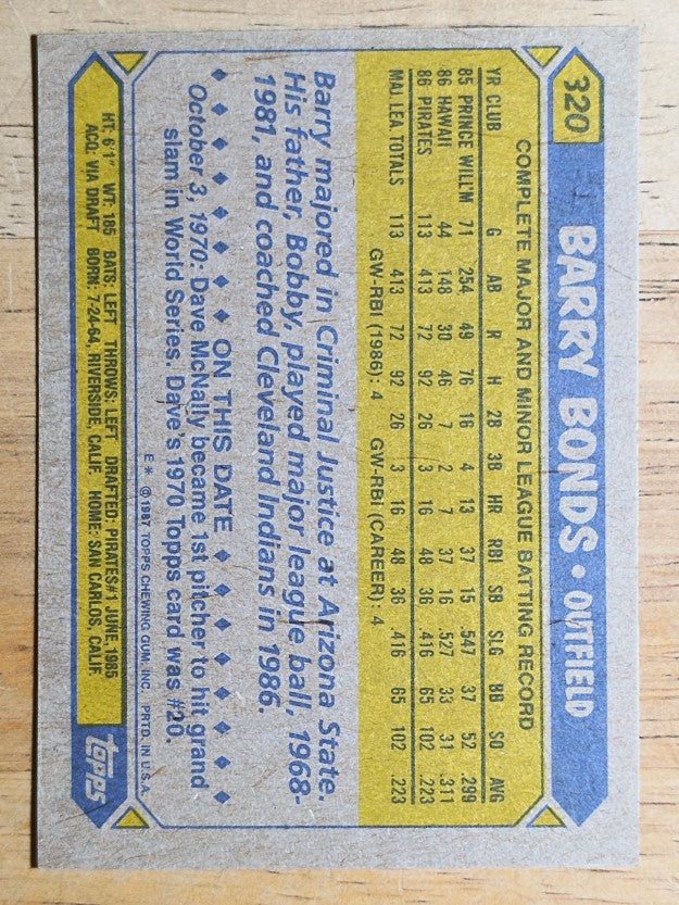 1987 Topps #320 Barry Bonds RC