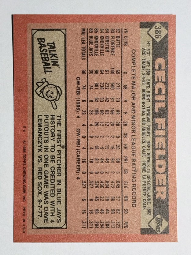 1986 Topps #386 Cecil Fielder RC
