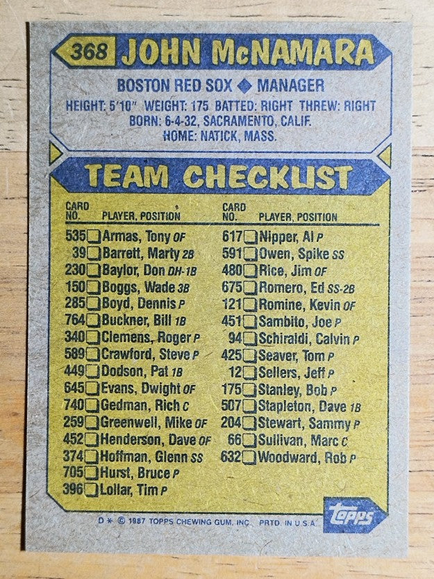 1987 Topps #368 John McNamara MG