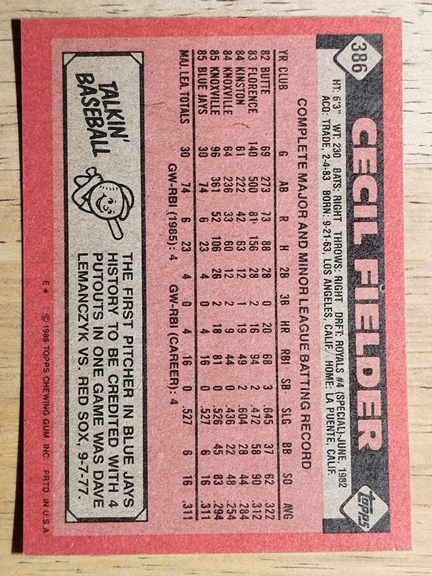 1986 Topps #386 Cecil Fielder RC