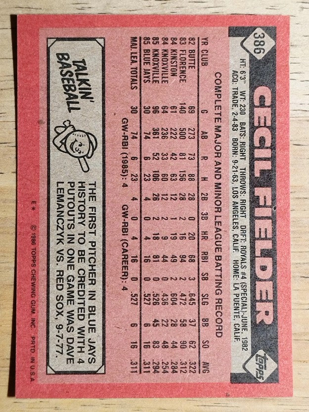 1986 Topps #386 Cecil Fielder RC