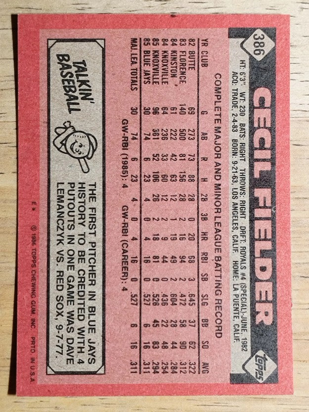 1986 Topps #386 Cecil Fielder RC
