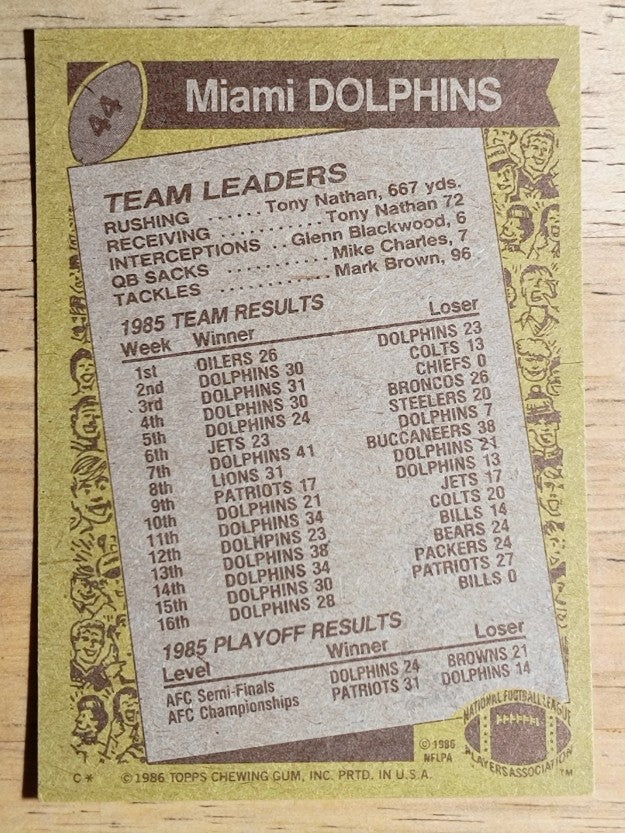 1986 Topps #44 Dolphins TL/Dan Marino Sets Up