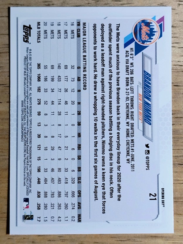 2021 Topps Opening Day #21 Brandon Nimmo