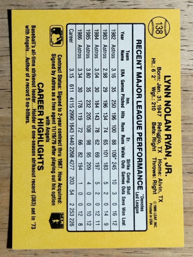 1987 Donruss #138 Nolan Ryan