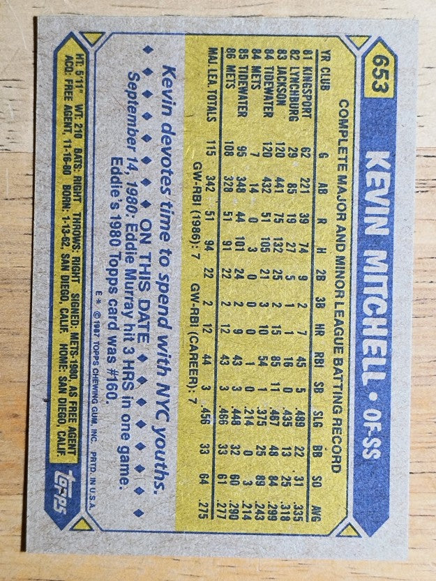 1987 Topps #653 Kevin Mitchell RC